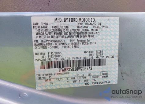 2008 Ford Focus Se/Ses z USA, uszkodzony, nr VIN 1FAHP35N38W205573